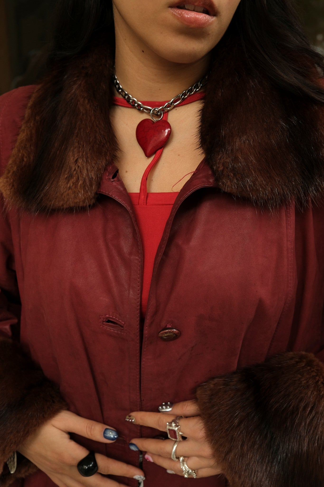Stunning burgundy Italian vintage genuine leather coat with fur collar