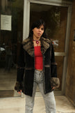 Stunning Italian vintage shearling genuine leather jacket with fur trim