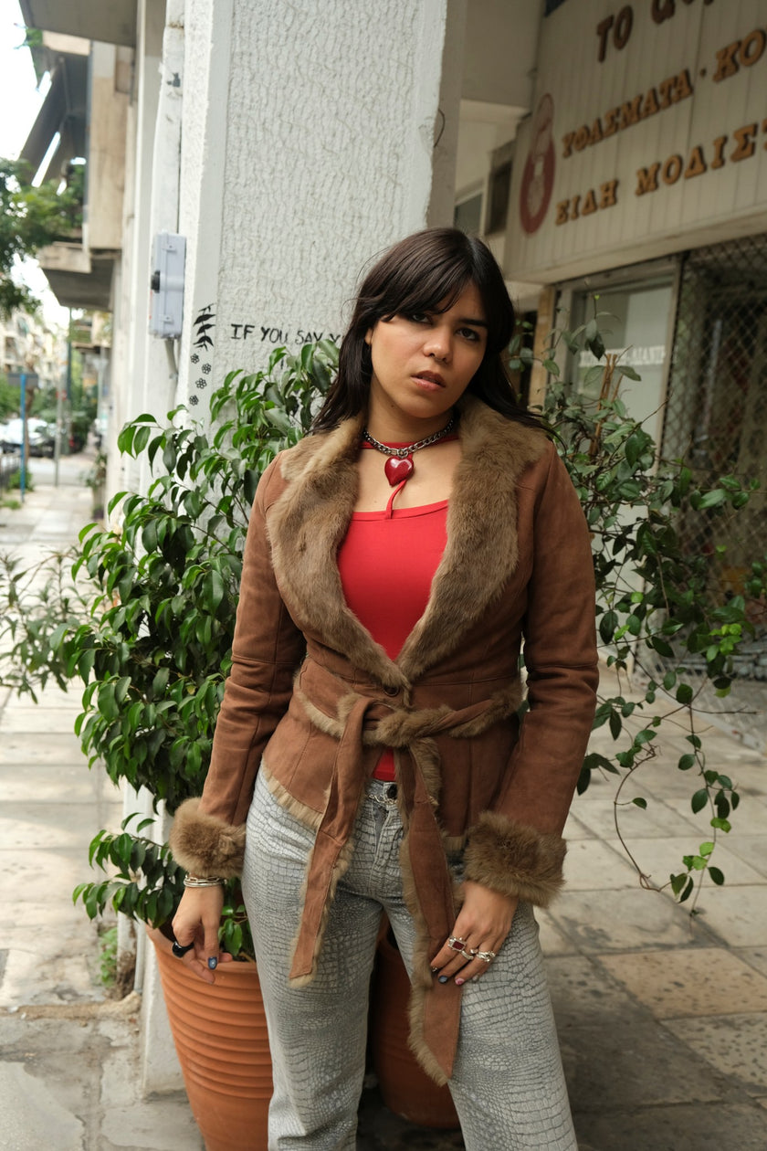 Super hot shearling genuine leather jacket with fur trim