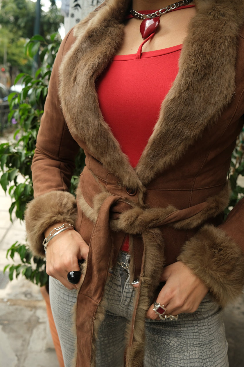Super hot shearling genuine leather jacket with fur trim
