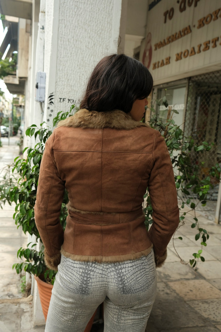 Super hot shearling genuine leather jacket with fur trim