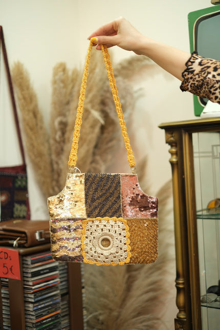 Vintage unique shoulder bag with crochet & sequin detailing
