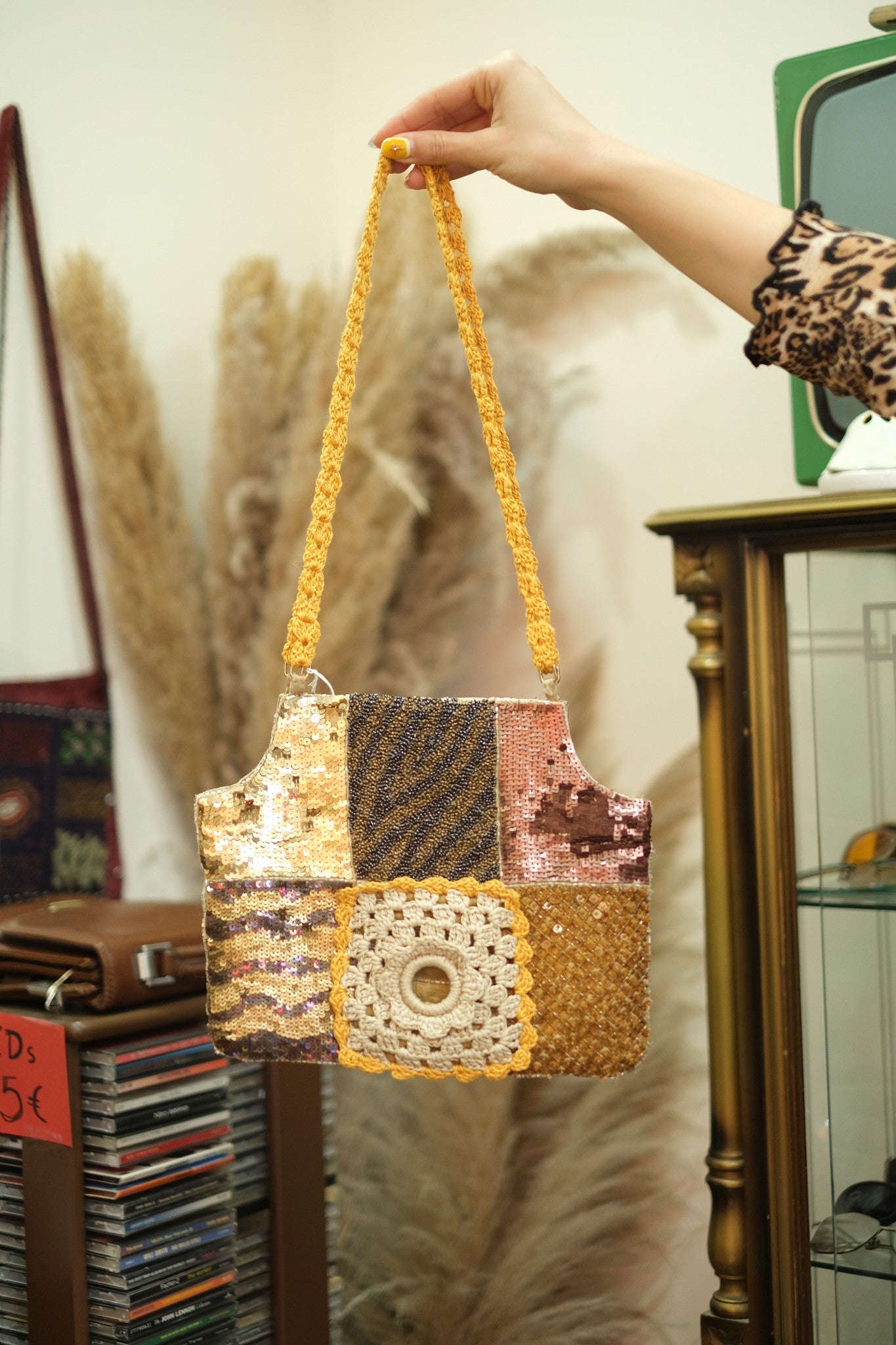 Vintage unique shoulder bag with crochet & sequin detailing