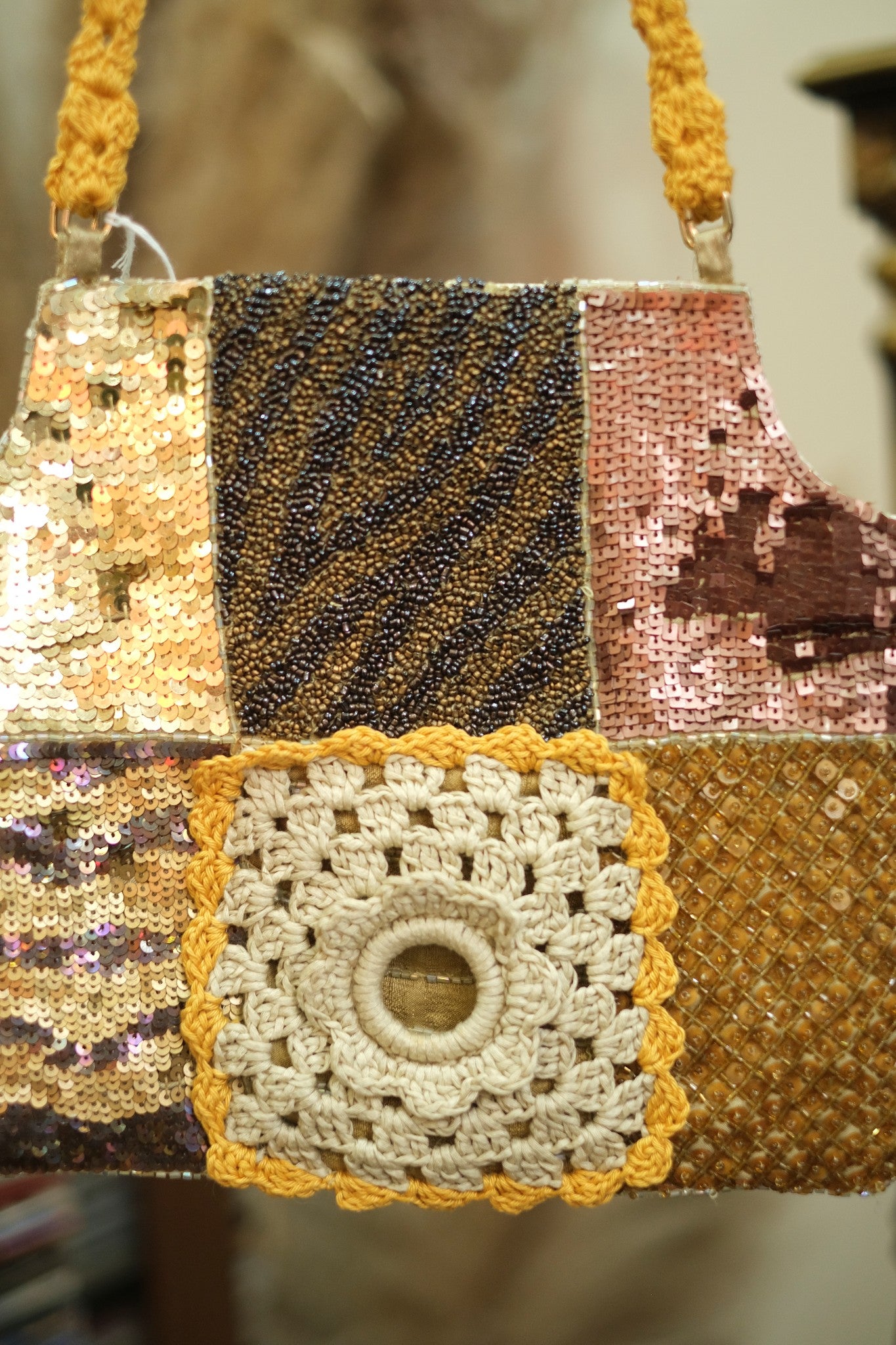 Vintage unique shoulder bag with crochet & sequin detailing