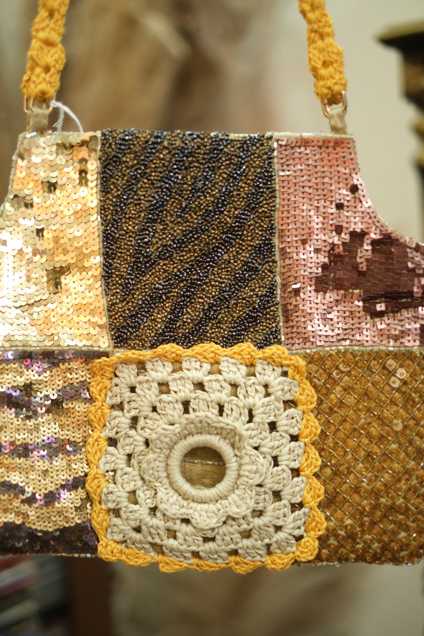 Vintage unique shoulder bag with crochet & sequin detailing