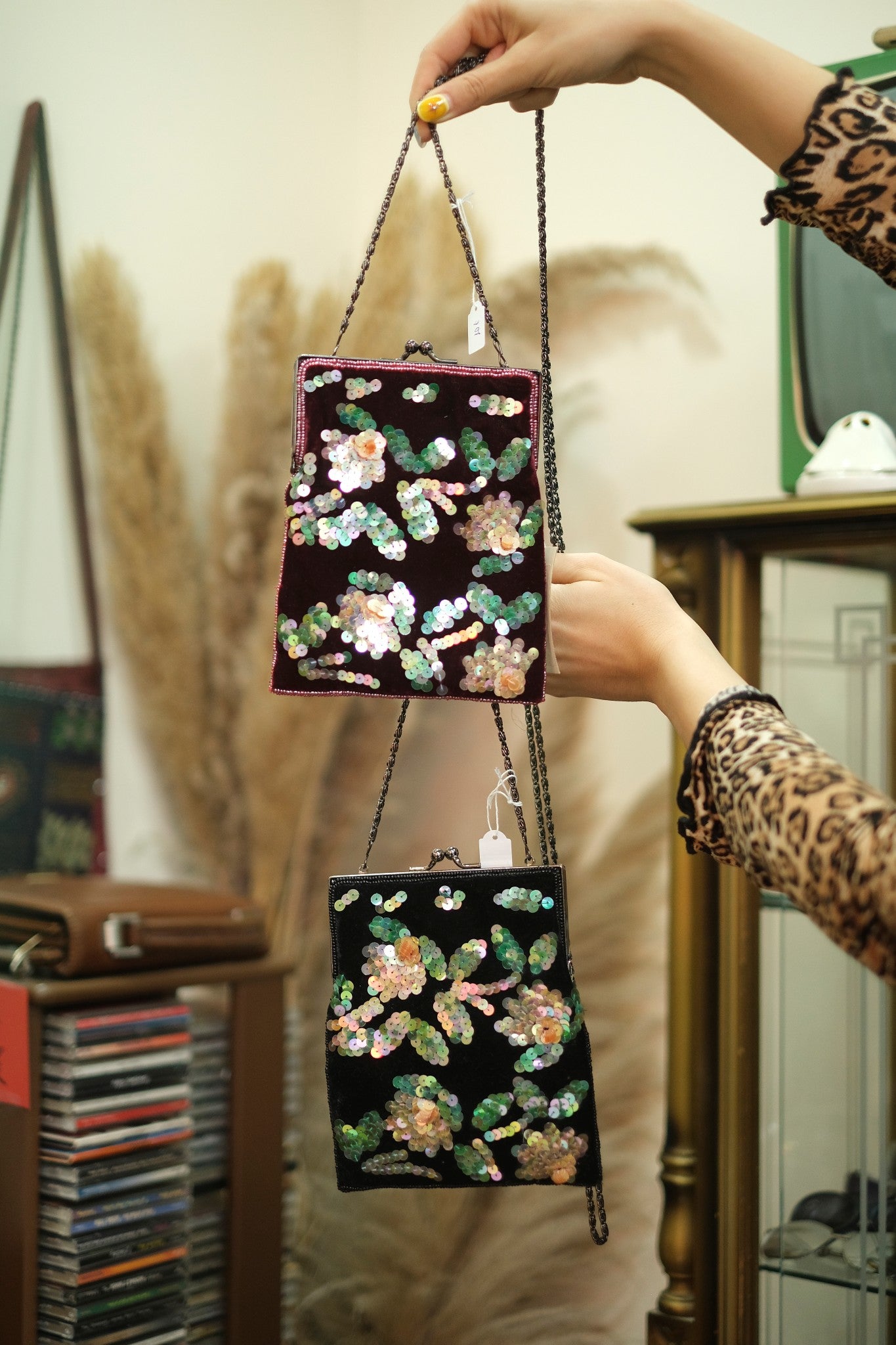 Deadstock retro style mini velvet bag with sequin flowers