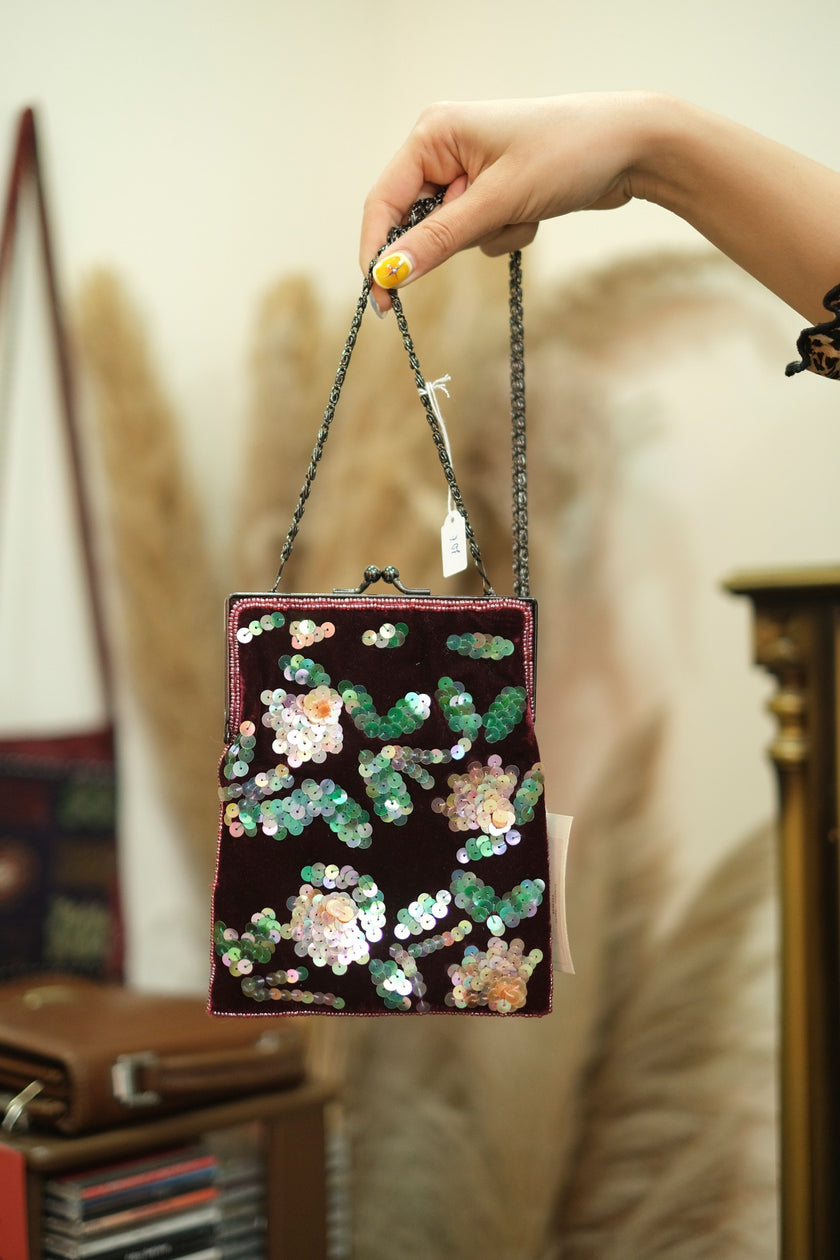 Deadstock retro style mini velvet bag with sequin flowers