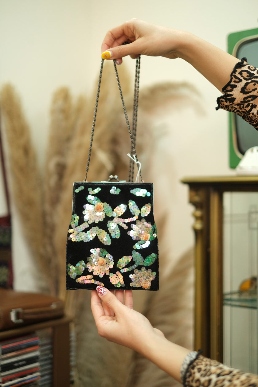 Deadstock retro style mini velvet bag with sequin flowers