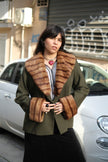 Stunning pure vergine wool green coat with fawx fur collar (L)