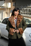 Stunning pure vergine wool green coat with fawx fur collar (L)