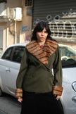 Stunning pure vergine wool green coat with fawx fur collar (L)