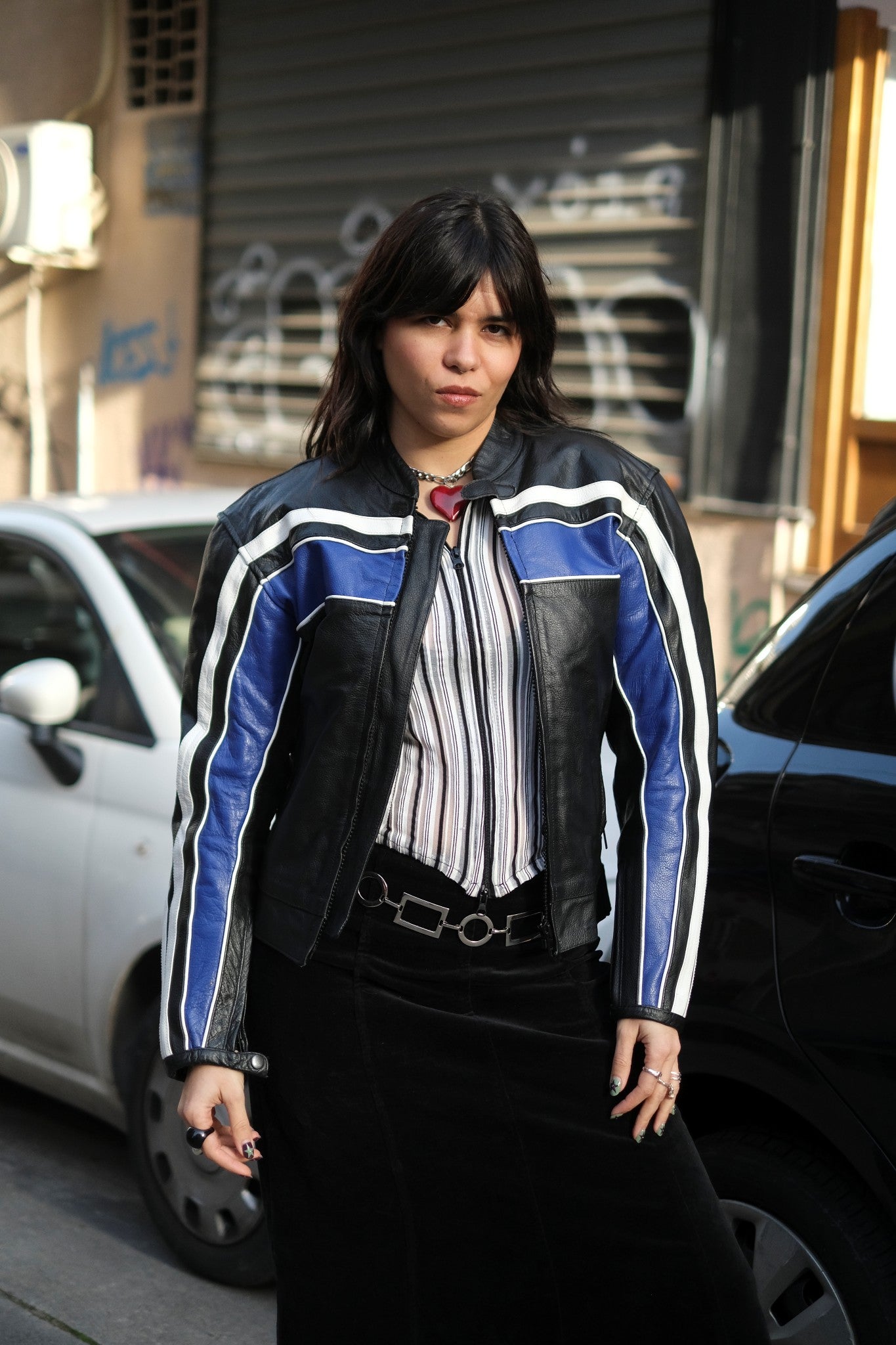 Women’s Black Leather Motorcycle Jacket with Blue & White Racing Stripes (S)