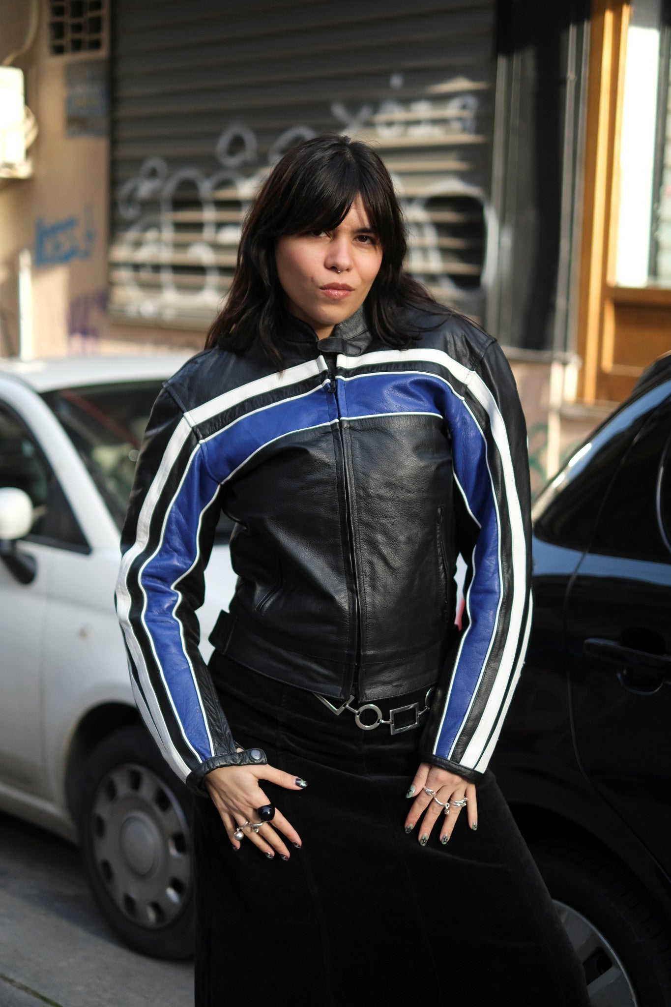 Women’s Black Leather Motorcycle Jacket with Blue & White Racing Stripes (S)