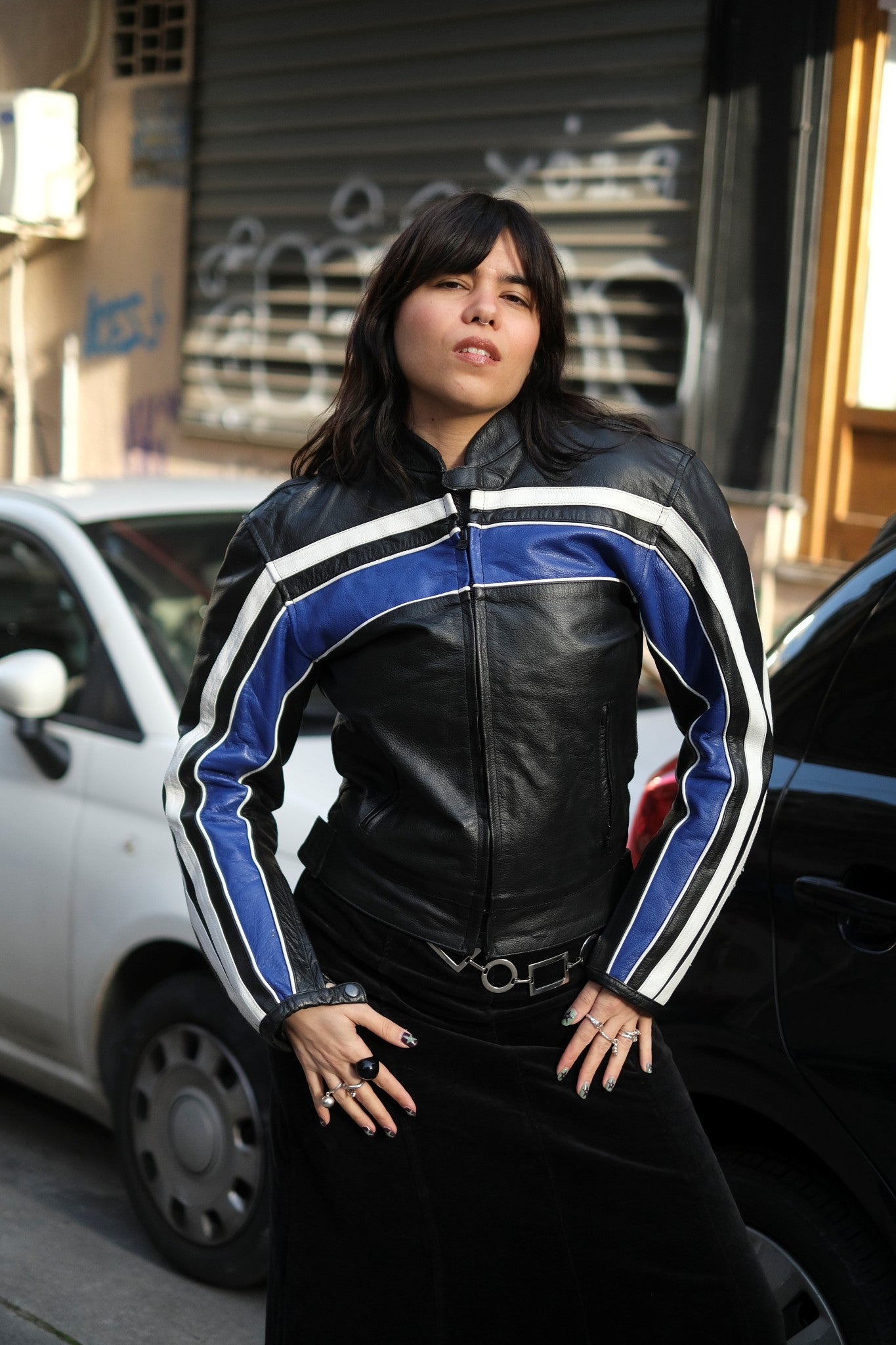 Women’s Black Leather Motorcycle Jacket with Blue & White Racing Stripes (S)