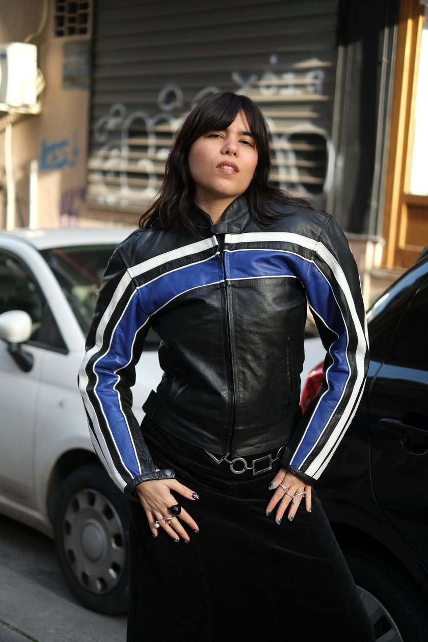 Women’s Black Leather Motorcycle Jacket with Blue & White Racing Stripes (S)