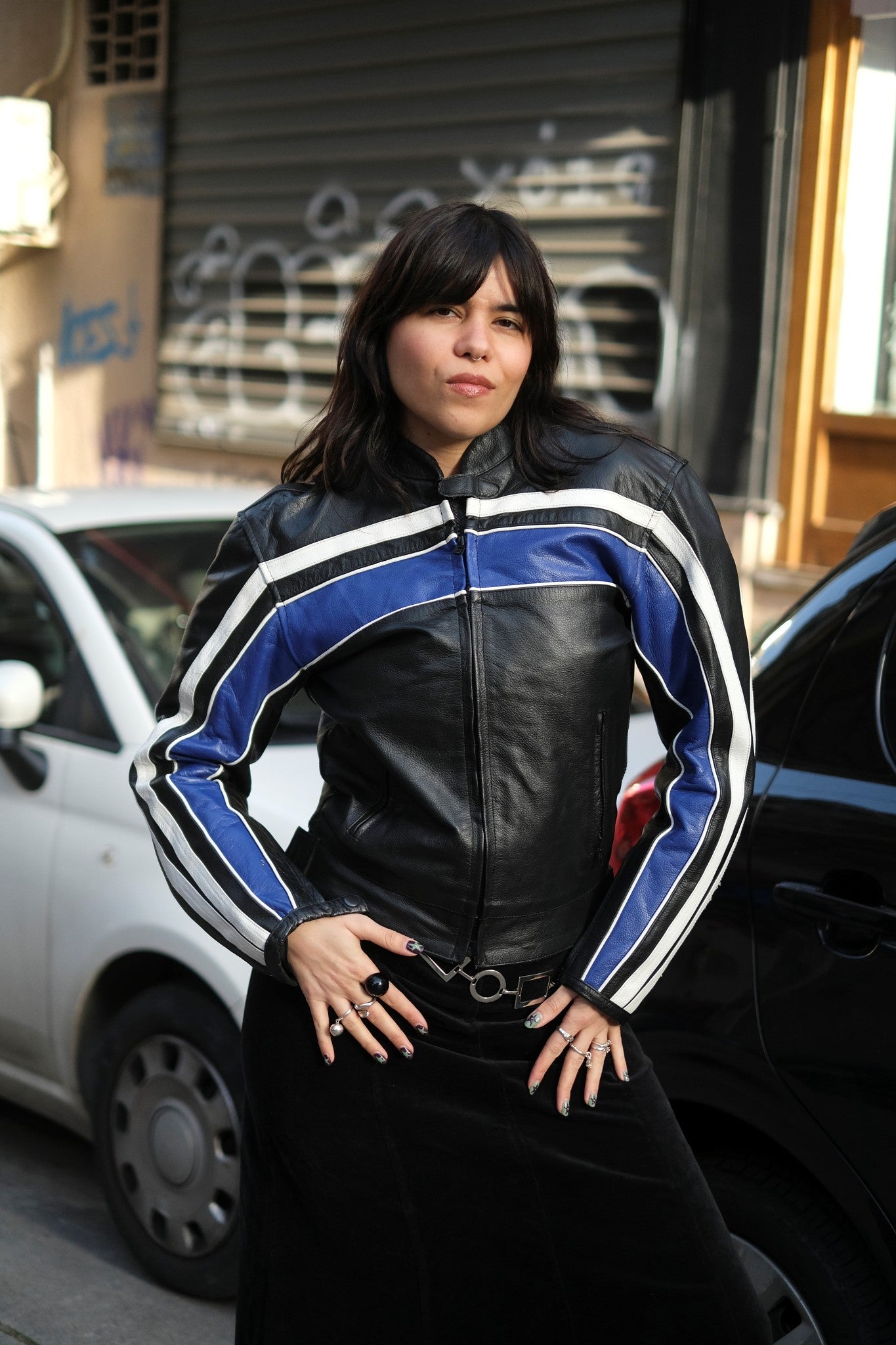 Women’s Black Leather Motorcycle Jacket with Blue & White Racing Stripes (S)