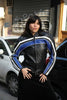 Women’s Black Leather Motorcycle Jacket with Blue & White Racing Stripes (S)