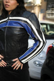 Women’s Black Leather Motorcycle Jacket with Blue & White Racing Stripes (S)