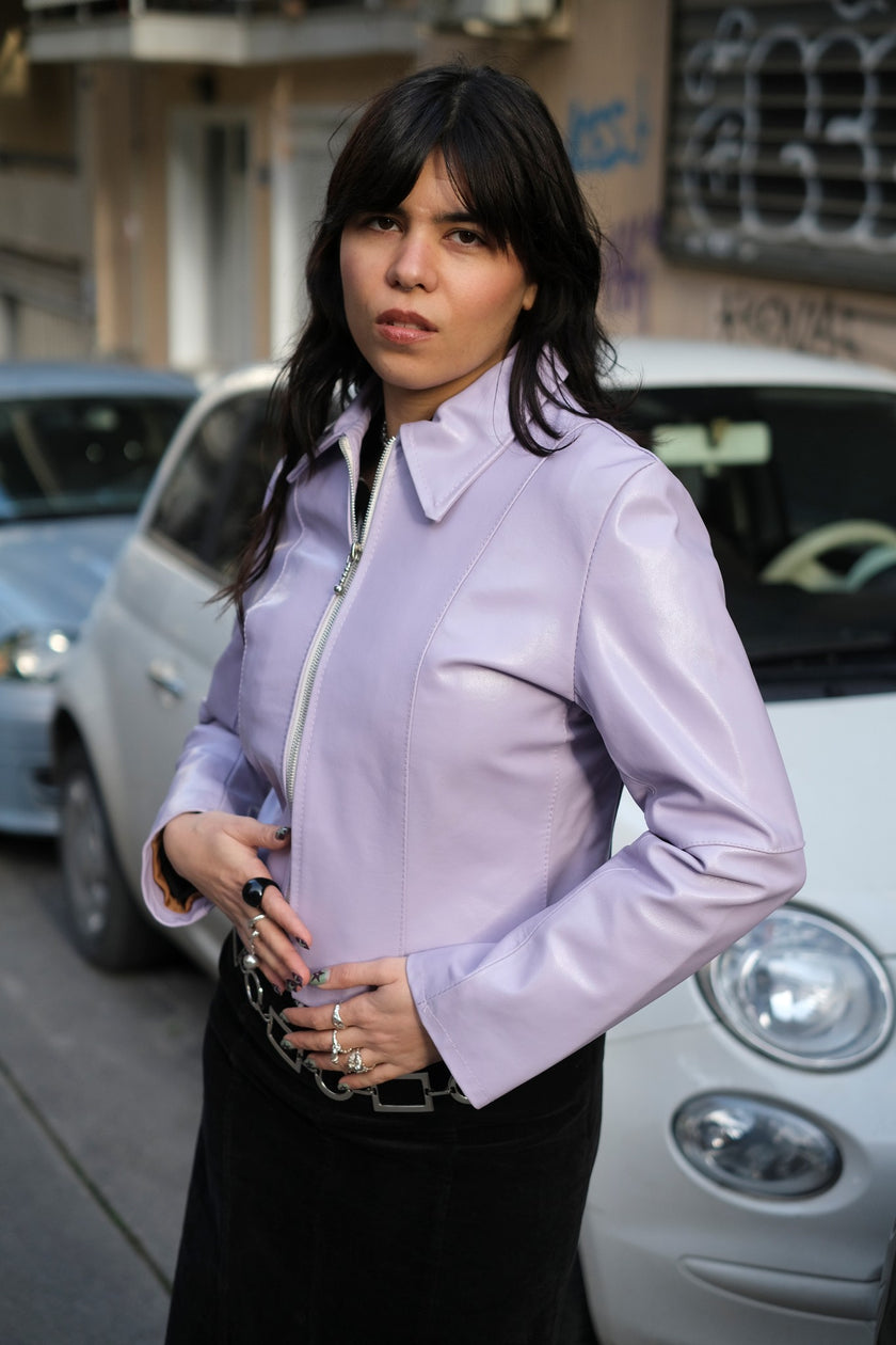 Stunning vintage lilac genuine leather cropped jacket (S/M)
