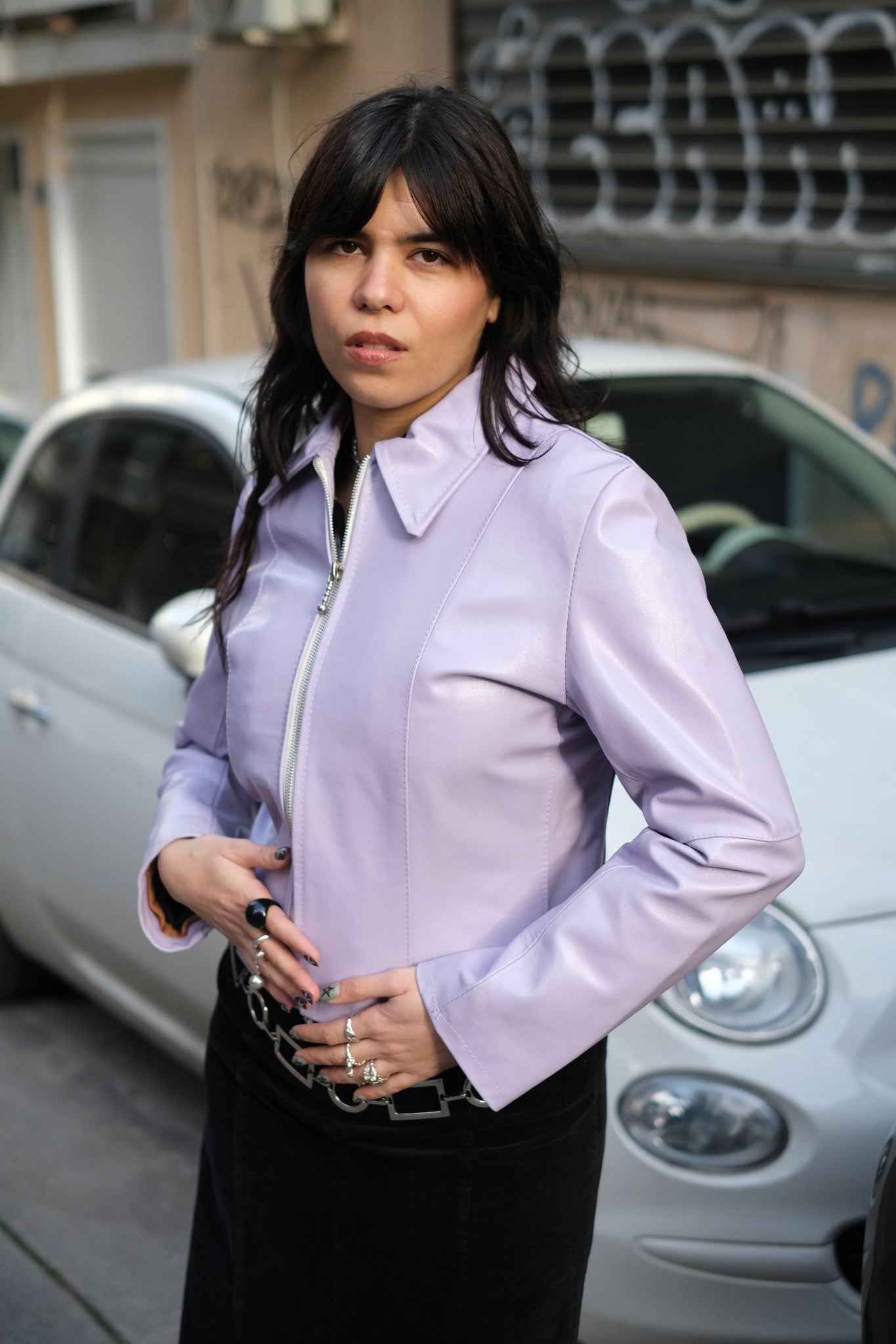 Stunning vintage lilac genuine leather cropped jacket (S/M)