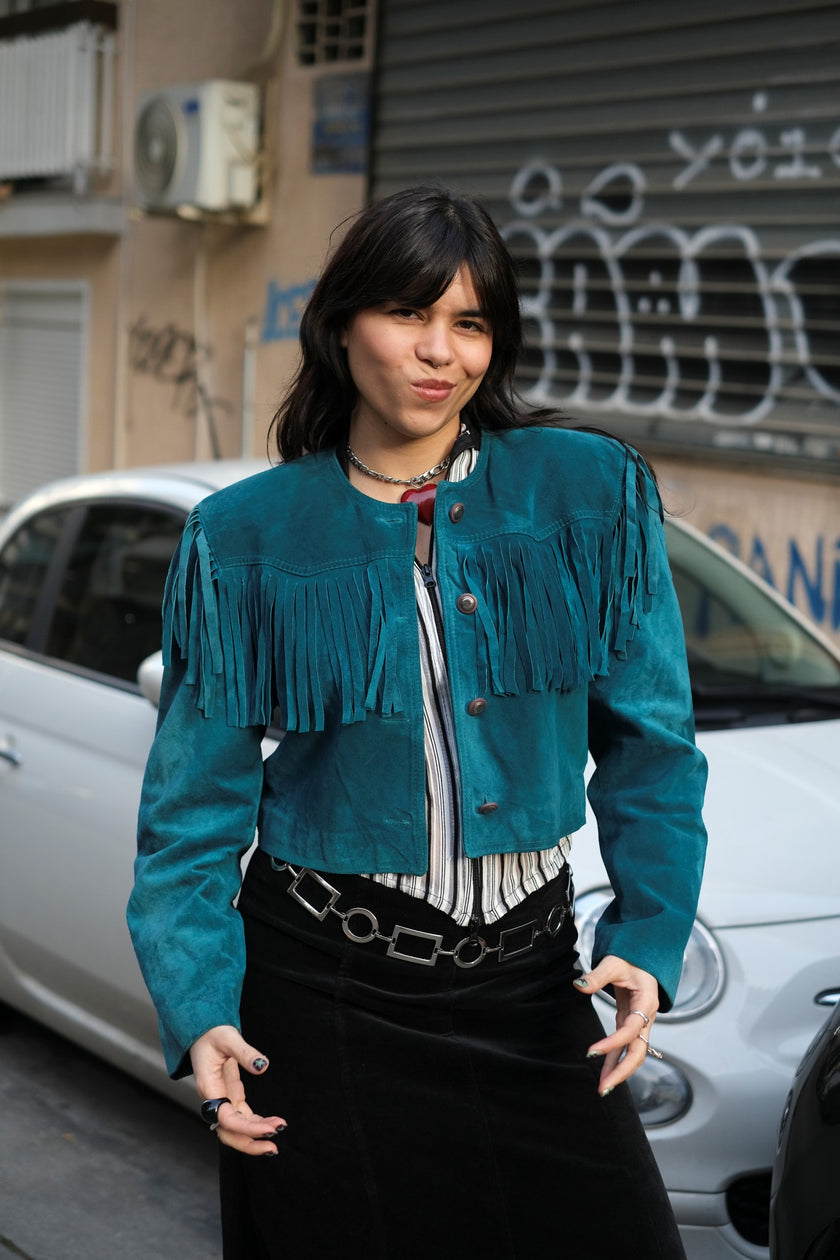 Stunning Vintage Teal Suede Fringe Jacket – Cropped Western Style (M/L)