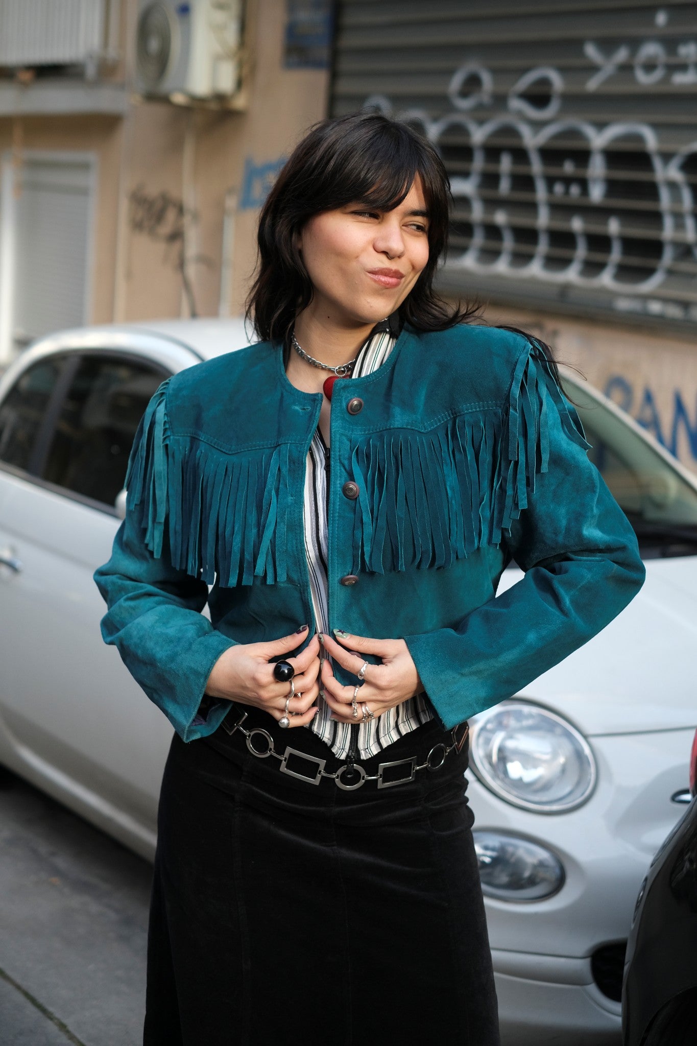 Stunning Vintage Teal Suede Fringe Jacket – Cropped Western Style (M/L)