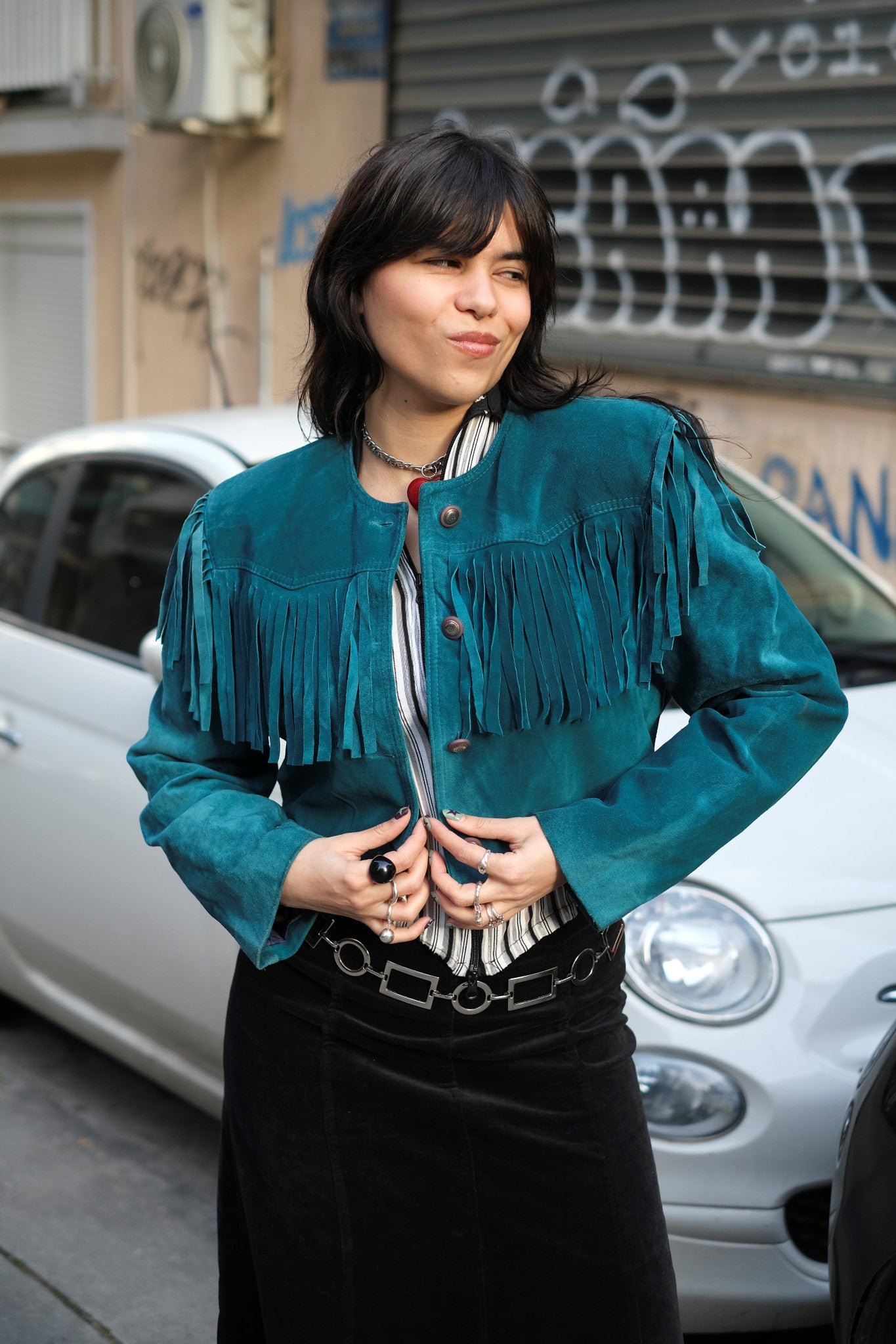Stunning Vintage Teal Suede Fringe Jacket – Cropped Western Style (M/L)