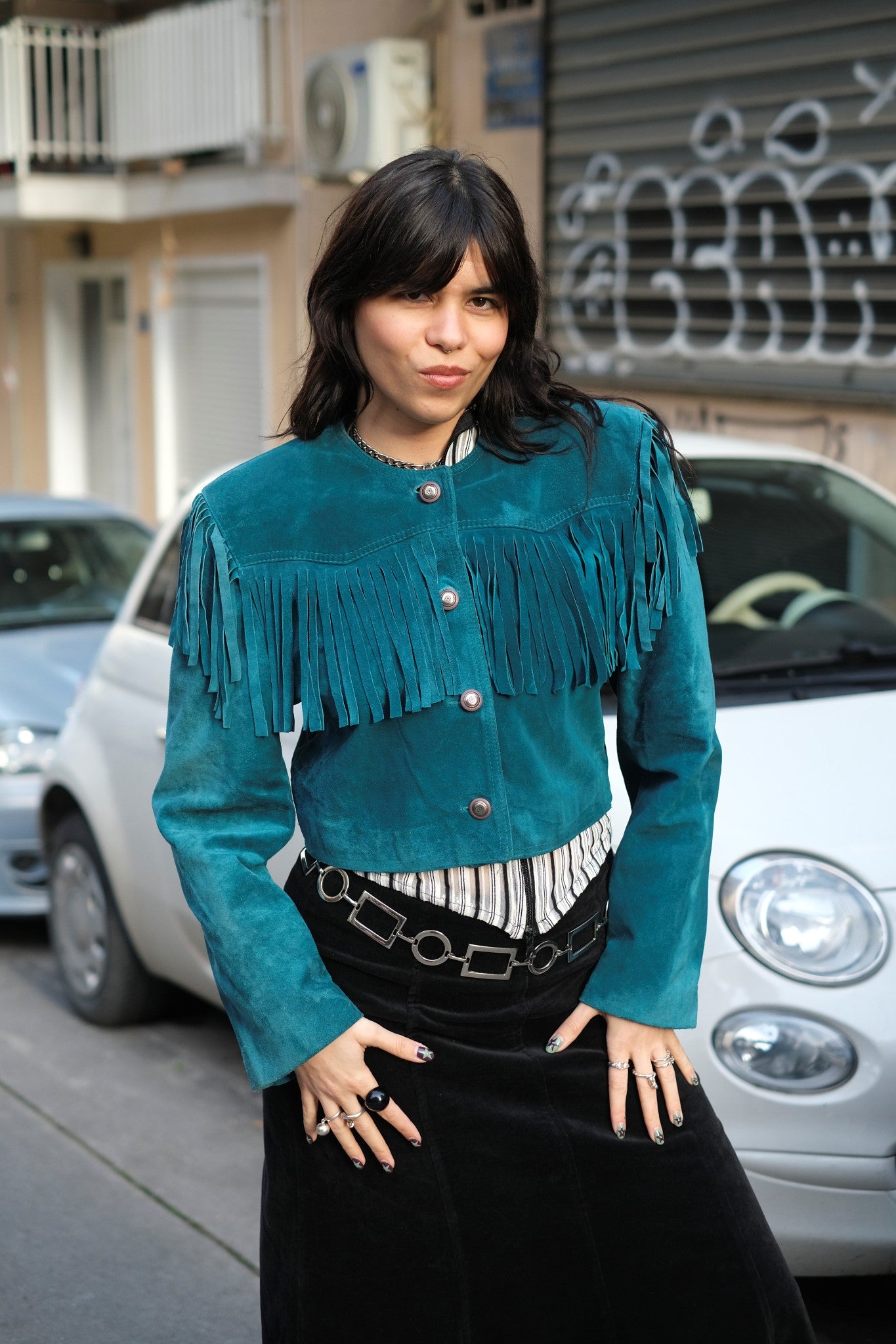 Stunning Vintage Teal Suede Fringe Jacket – Cropped Western Style (M/L)