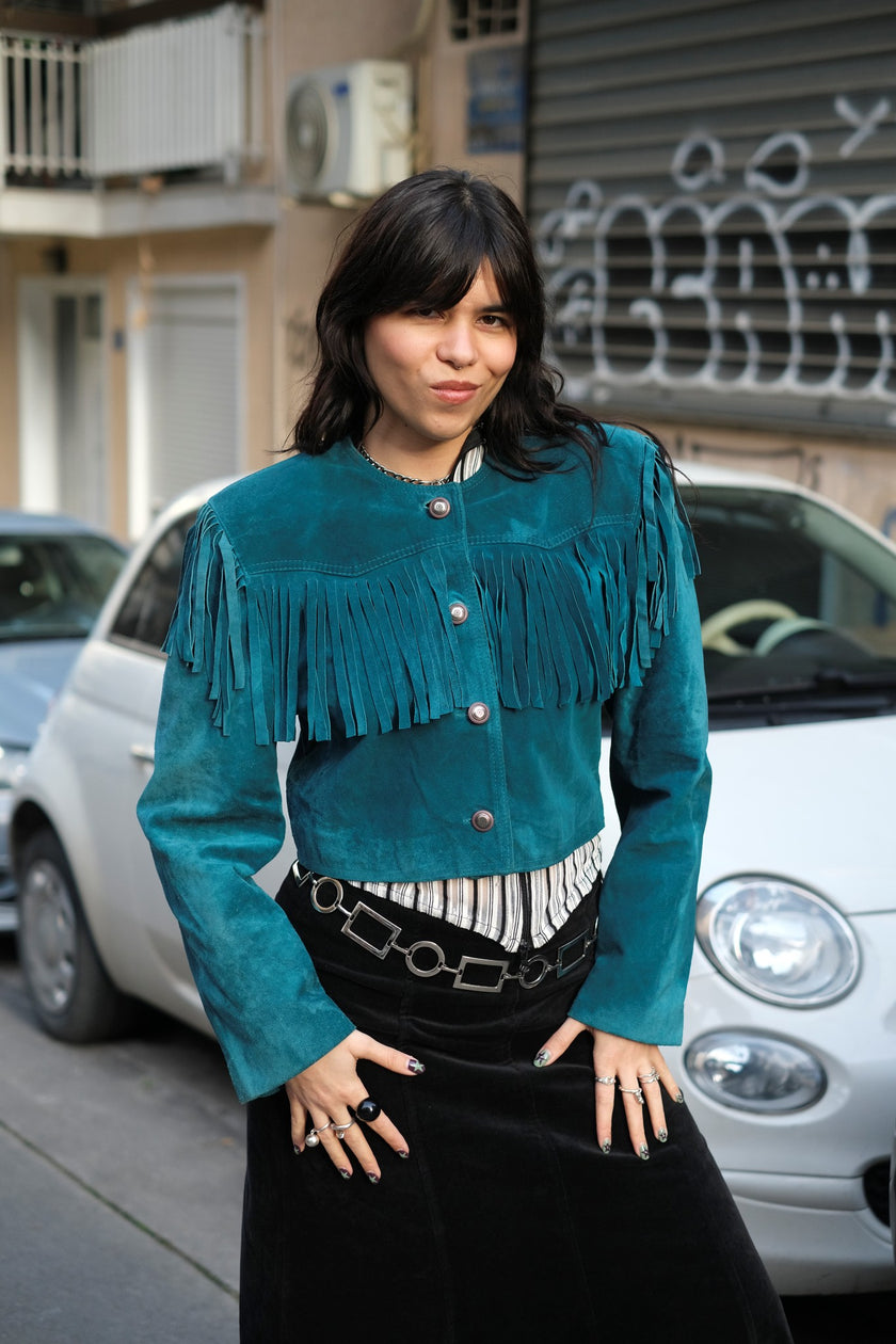 Stunning Vintage Teal Suede Fringe Jacket – Cropped Western Style (M/L)