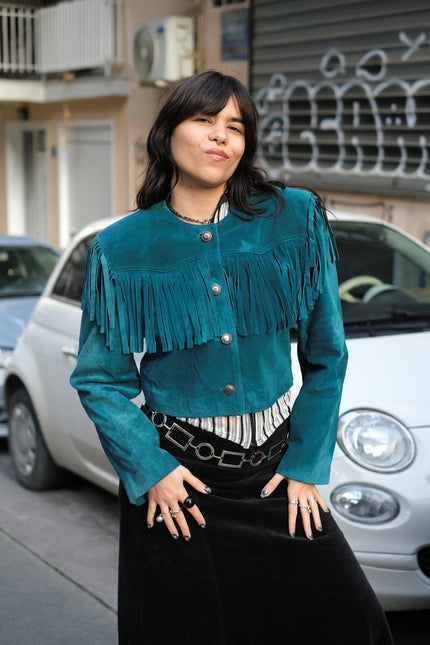 Stunning Vintage Teal Suede Fringe Jacket – Cropped Western Style (M/L)