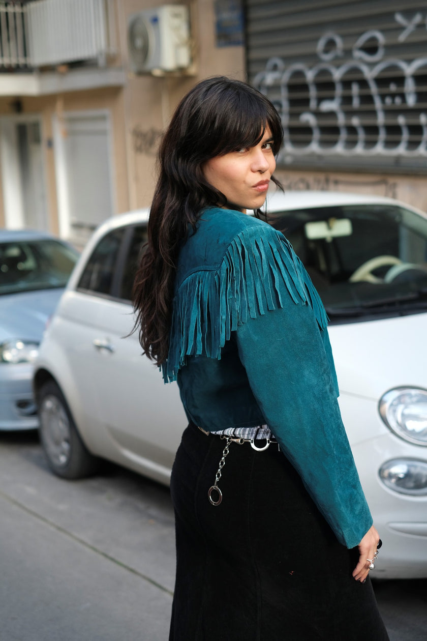 Stunning Vintage Teal Suede Fringe Jacket – Cropped Western Style (M/L)