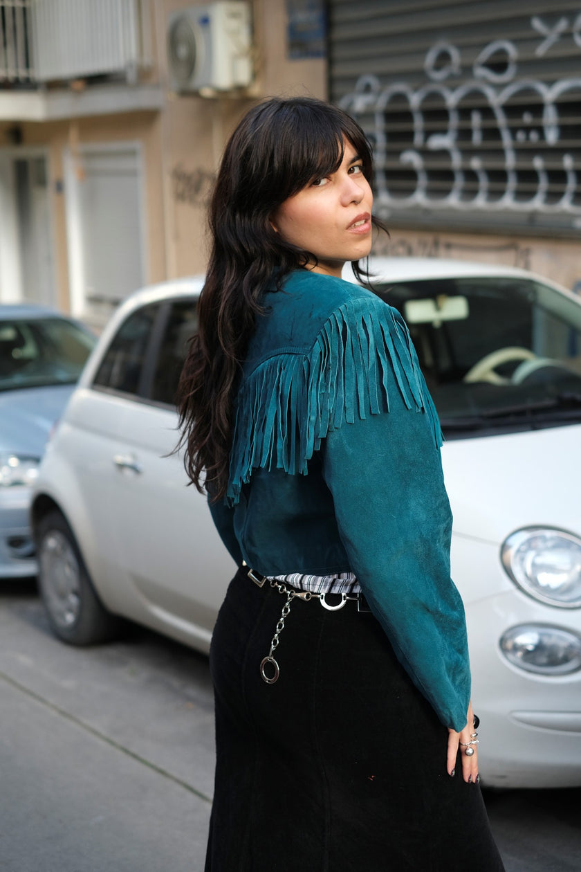 Stunning Vintage Teal Suede Fringe Jacket – Cropped Western Style (M/L)