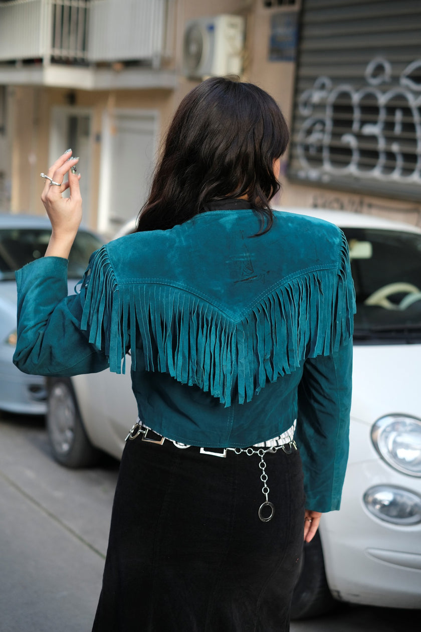 Stunning Vintage Teal Suede Fringe Jacket – Cropped Western Style (M/L)