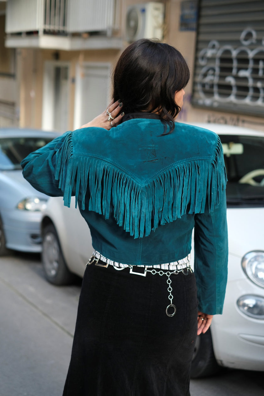 Stunning Vintage Teal Suede Fringe Jacket – Cropped Western Style (M/L)