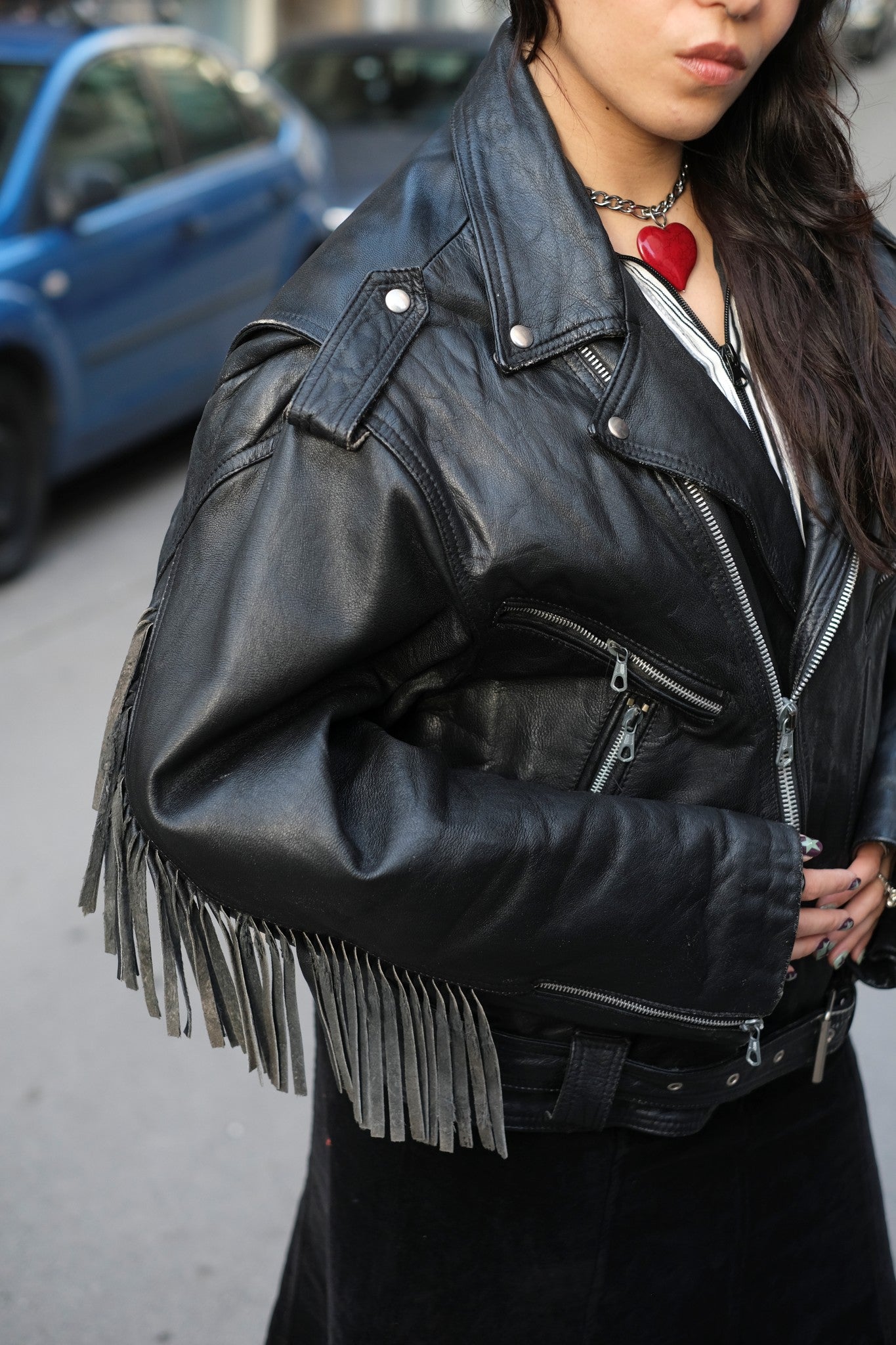 Stunning Men's perfecto leather jacket with fringe details (XL)