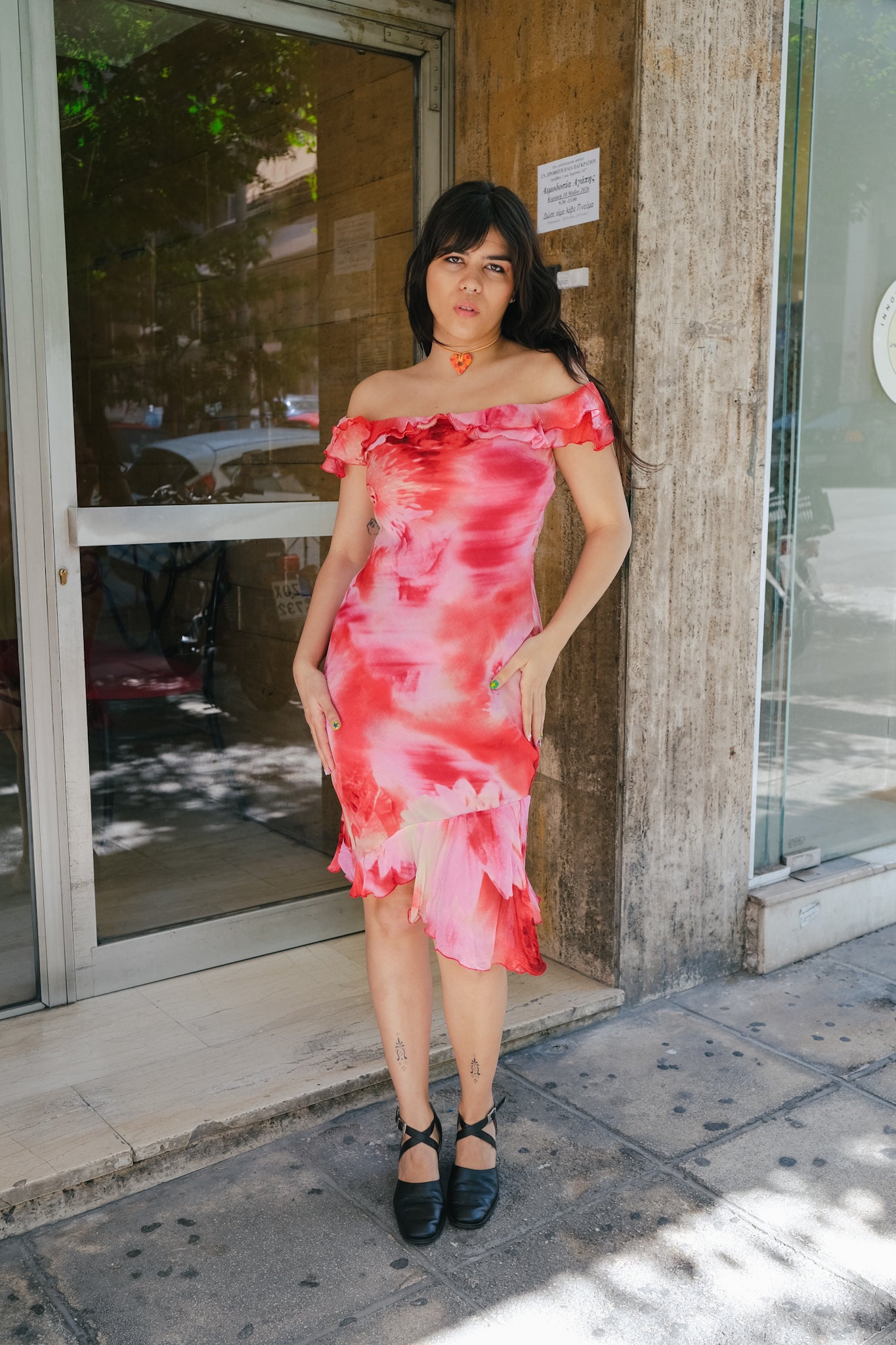 MOTIVI vintage romantic off-shoulder midi dress (M)