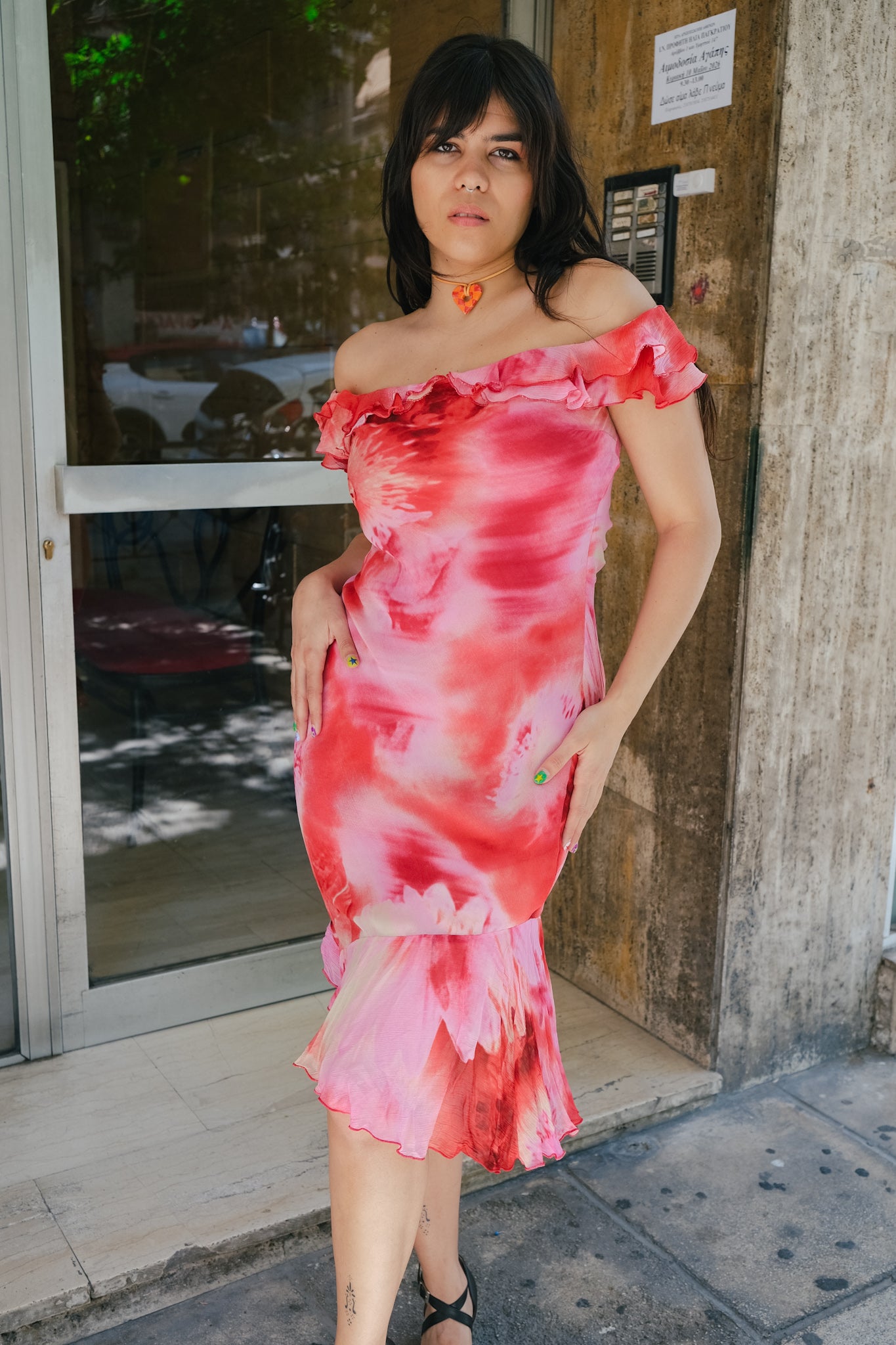 MOTIVI vintage romantic off-shoulder midi dress (M)