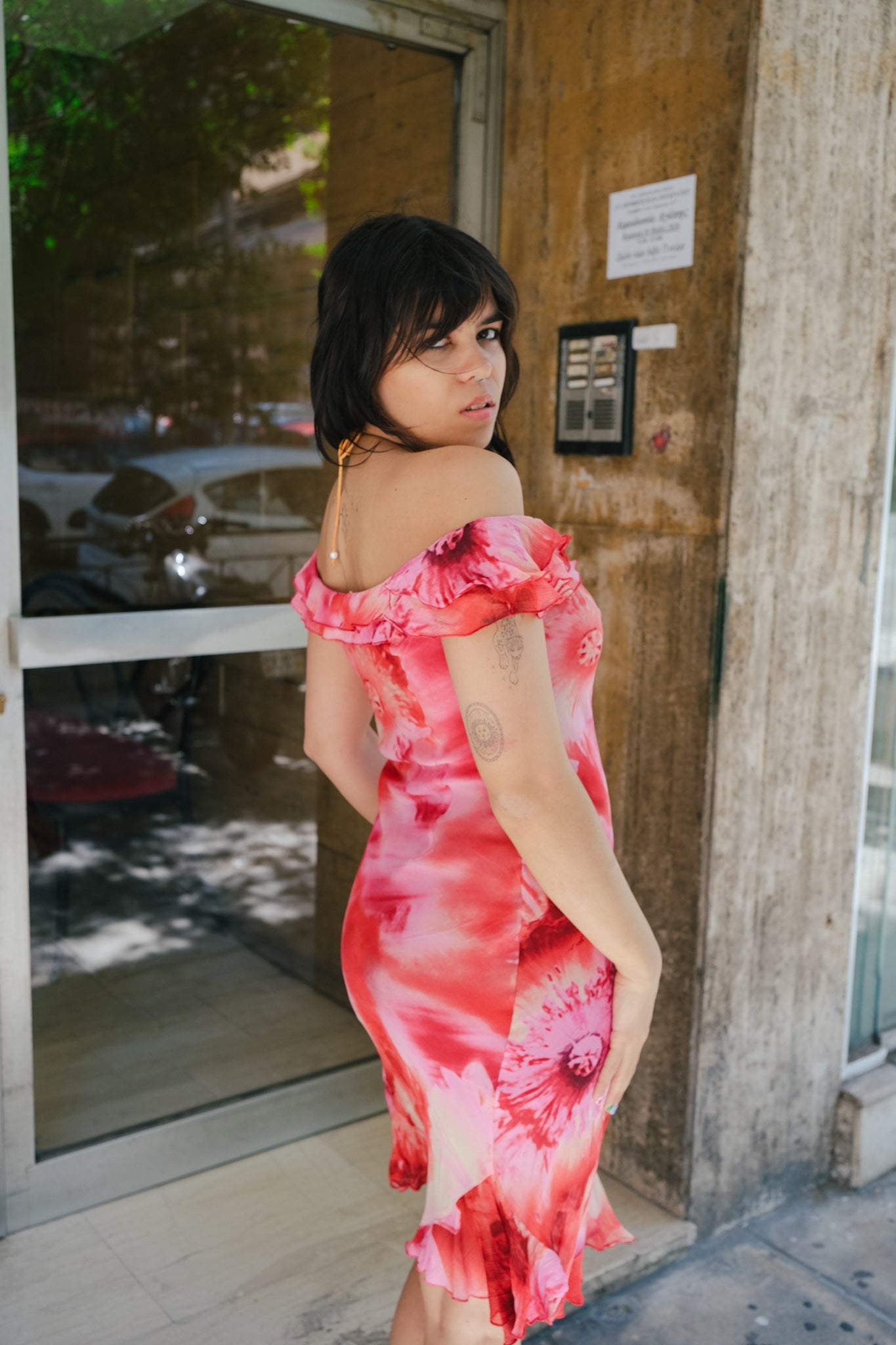 MOTIVI vintage romantic off-shoulder midi dress (M)