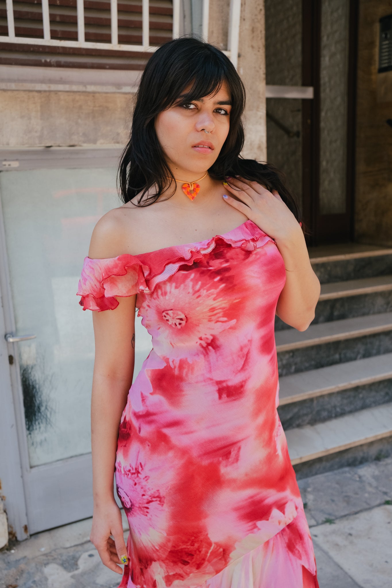 MOTIVI vintage romantic off-shoulder midi dress (M)