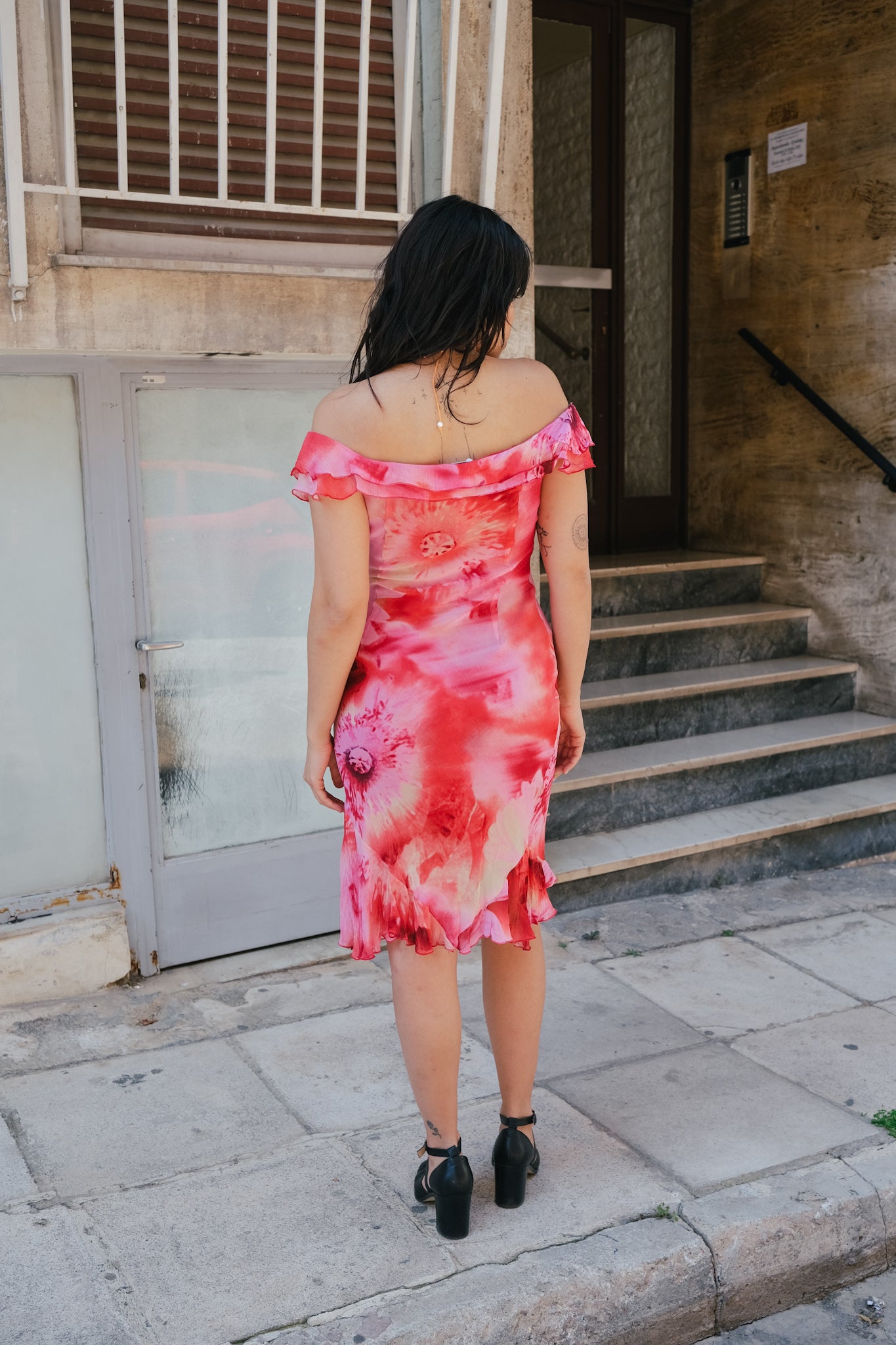 MOTIVI vintage romantic off-shoulder midi dress (M)
