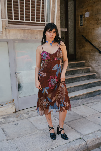 Vintage midi floral dress with bead details (L)