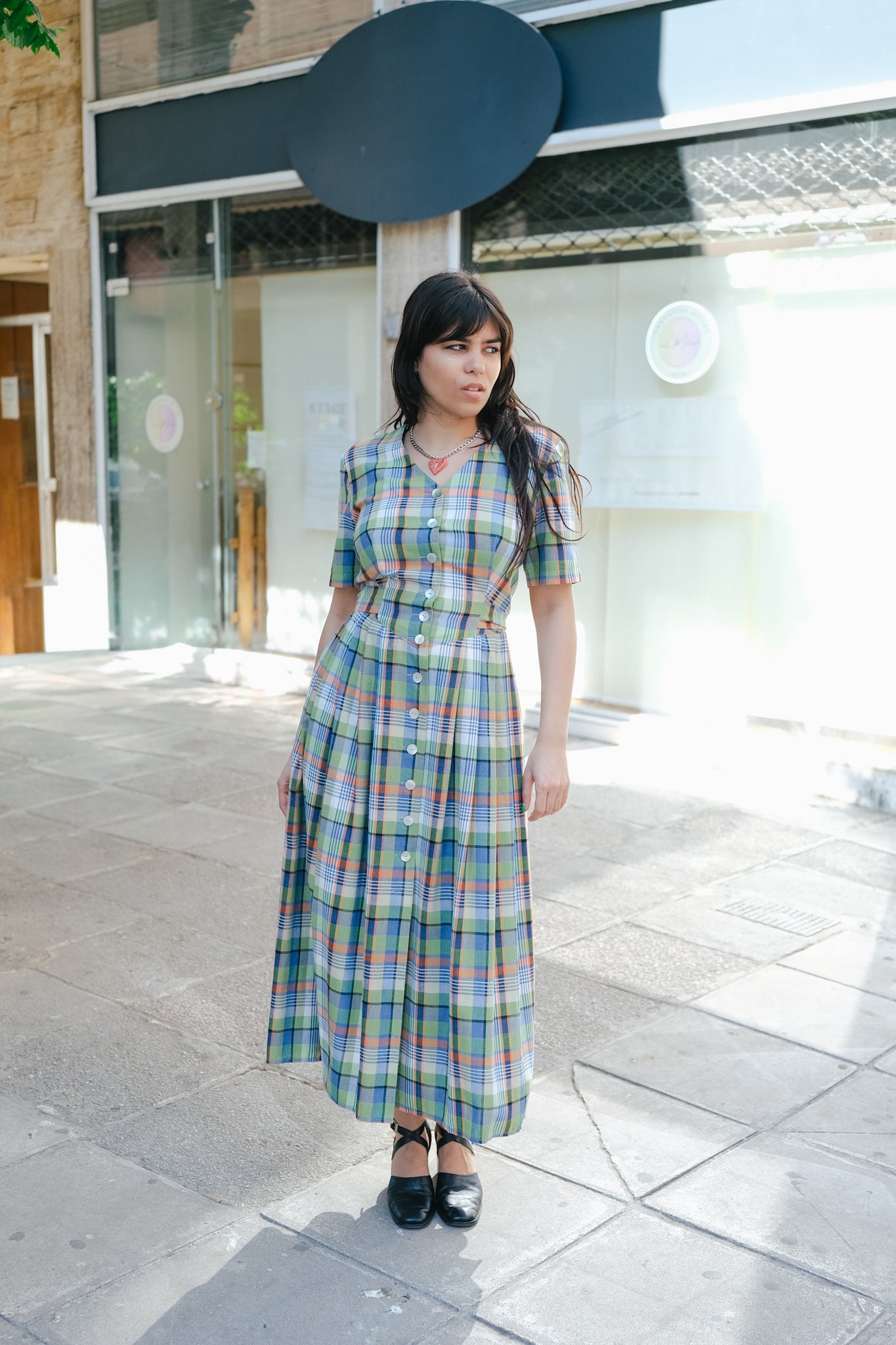 Vintage check maxi tyrol style dress (M)