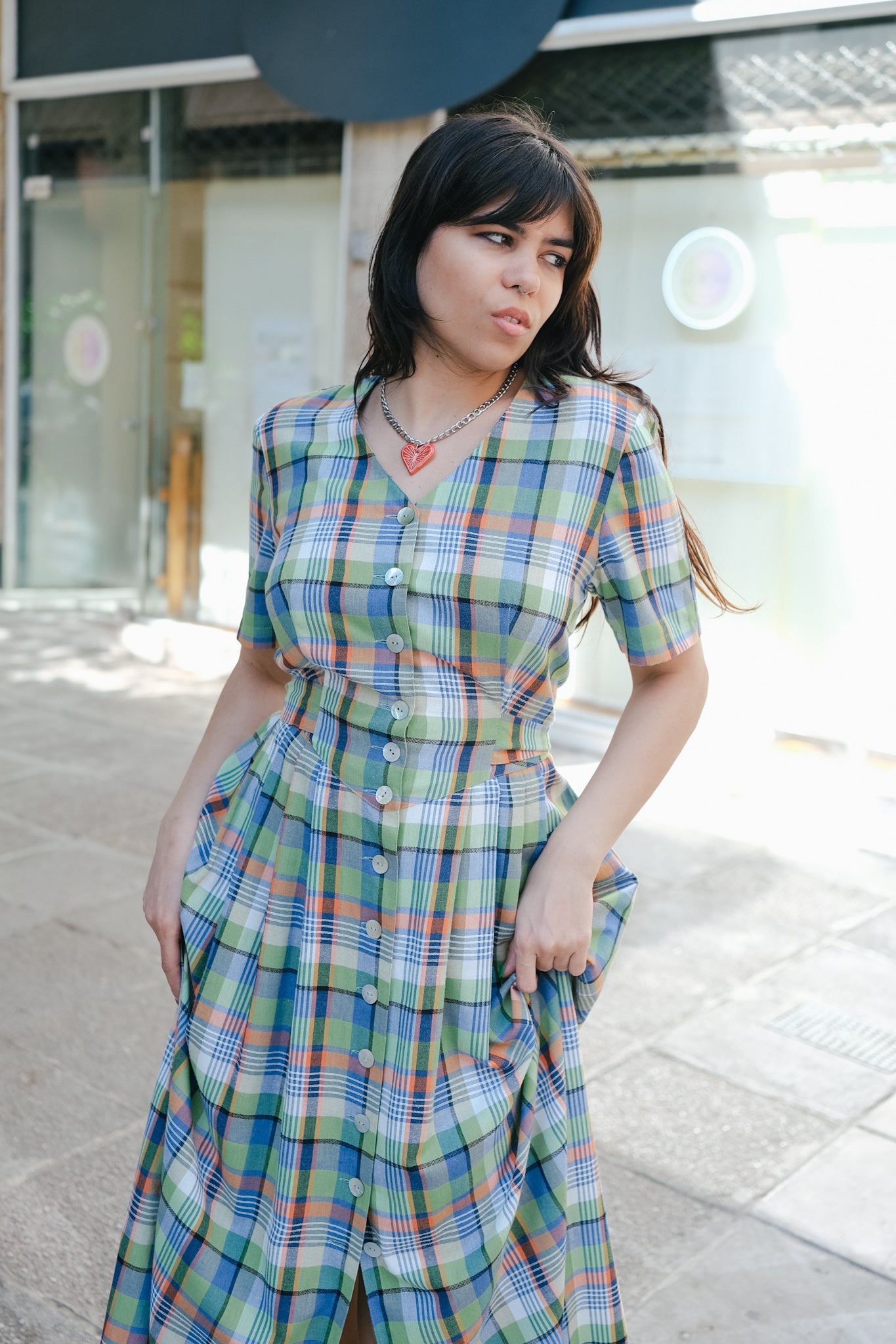 Vintage check maxi tyrol style dress (M)