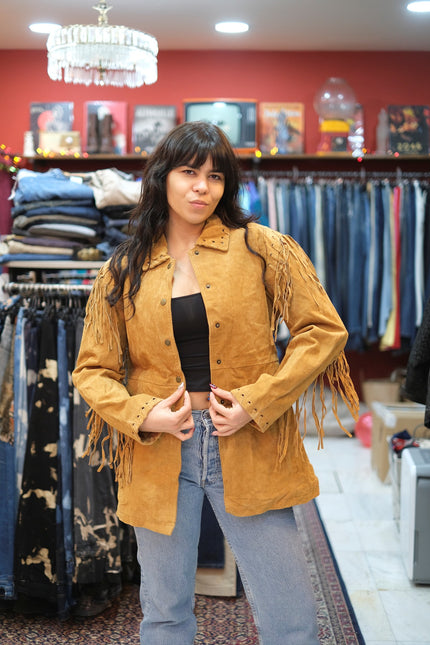 Vintage western style genuinhe suede jacket with fringe (L)