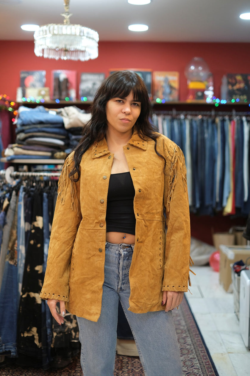 Vintage western style genuinhe suede jacket with fringe (L)