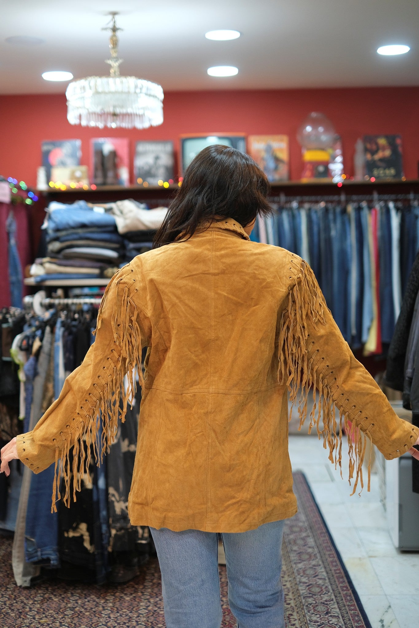 Vintage western style genuinhe suede jacket with fringe (L)
