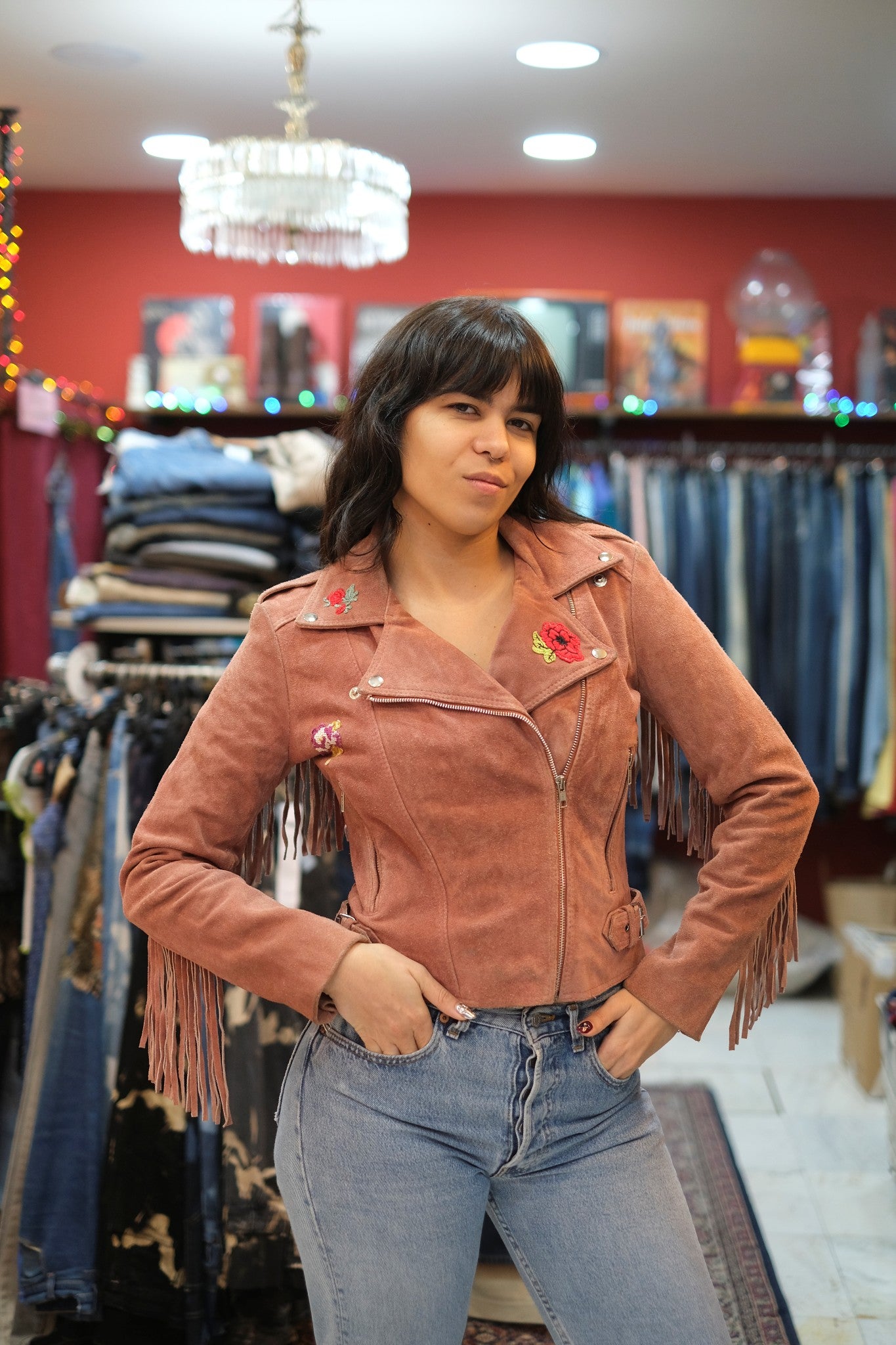 Ragyard genuine suede jacket with fringe and embroidered detailing (S)