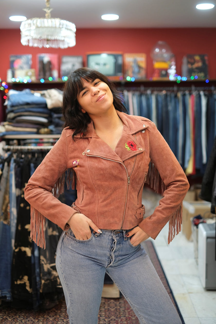 Ragyard genuine suede jacket with fringe and embroidered detailing (S)