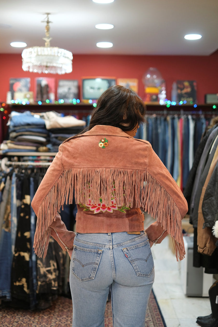 Ragyard genuine suede jacket with fringe and embroidered detailing (S)