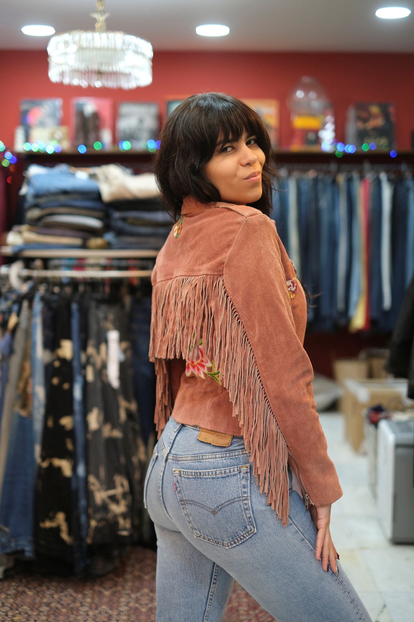 Ragyard genuine suede jacket with fringe and embroidered detailing (S)
